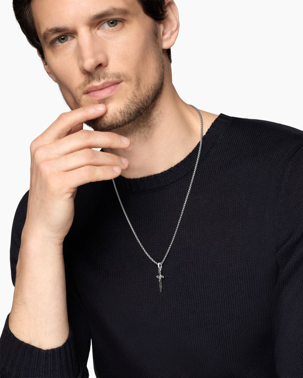 David Van Hagen Waves Dagger Amulet Sterling Silver With Black Diamonds 31mm