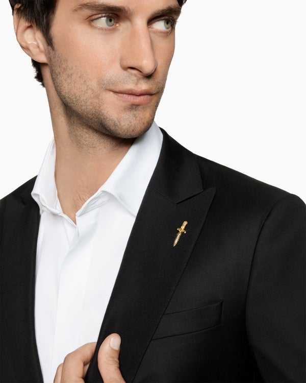 David Van Hagen Waves Dagger Lapel Pin 18K Yellow Gold With Cognac Diamonds 30mm