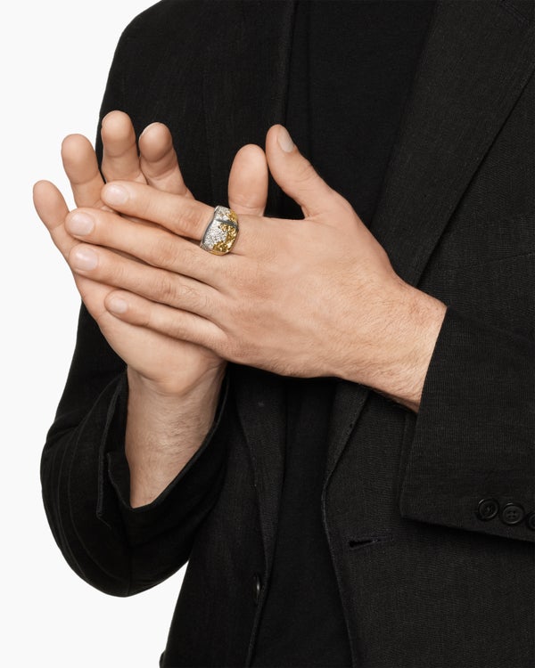 David Van Hagen Waves Signet Ring Sterling Silver With 18K Yellow Gold And Diamonds 18.8mm