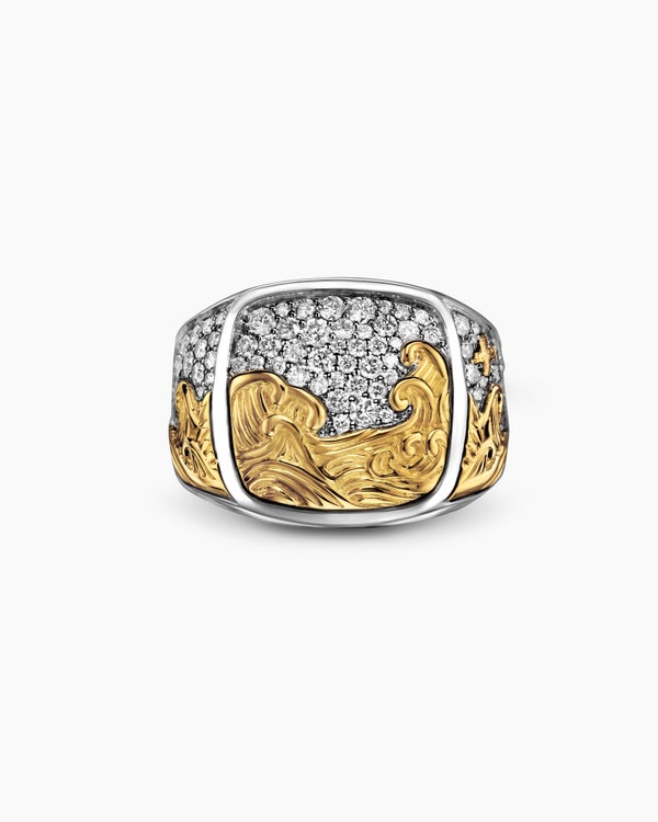 David Van Hagen Waves Signet Ring Sterling Silver With 18K Yellow Gold And Diamonds 18.8mm