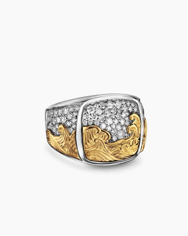 david van hagen Waves Signet Ring Sterling Silver with 18K Yellow Gold and Diamonds 18.8mm