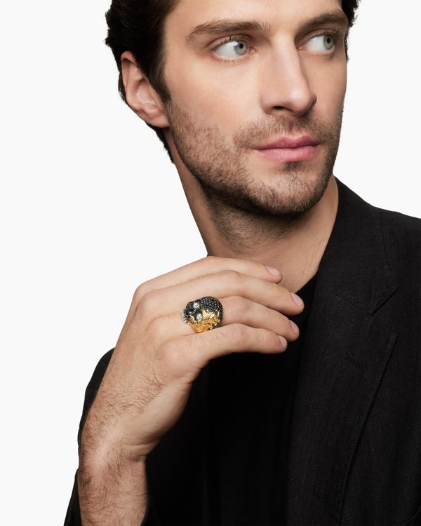 David Van Hagen Waves Skull Ring Sterling Silver With 18K Yellow Gold And Diamonds 26mm