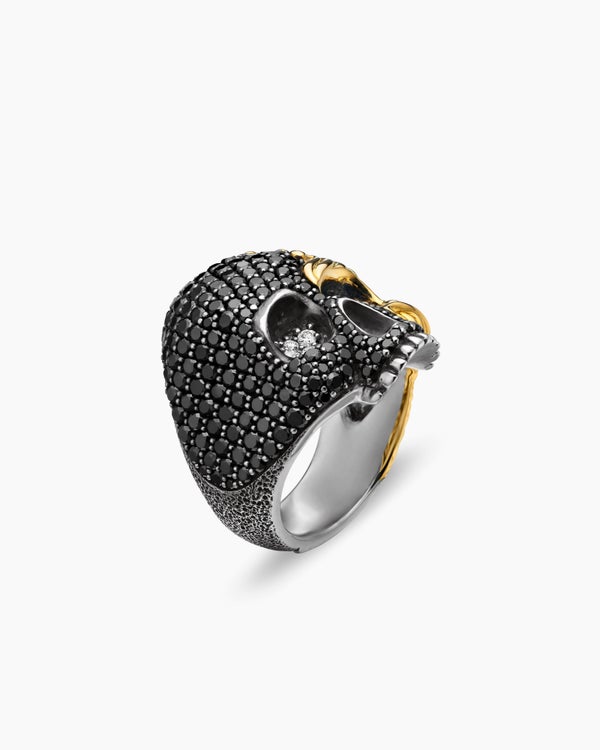 David Van Hagen Waves Skull Ring Sterling Silver With 18K Yellow Gold And Diamonds 26mm