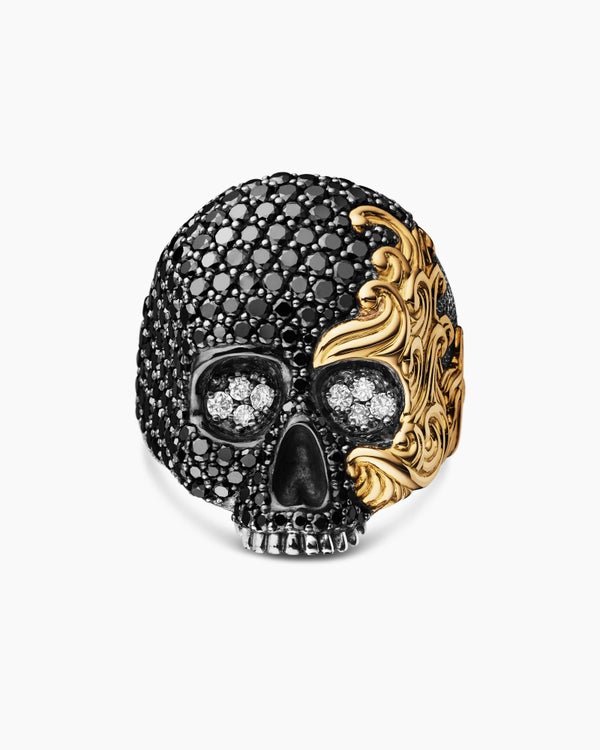 David Van Hagen Waves Skull Ring Sterling Silver With 18K Yellow Gold And Diamonds 26mm