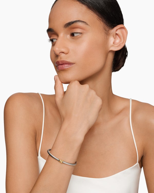 David Van Hagen X Classic Cable Station Bracelet Sterling Silver With 18K Yellow Gold 4mm