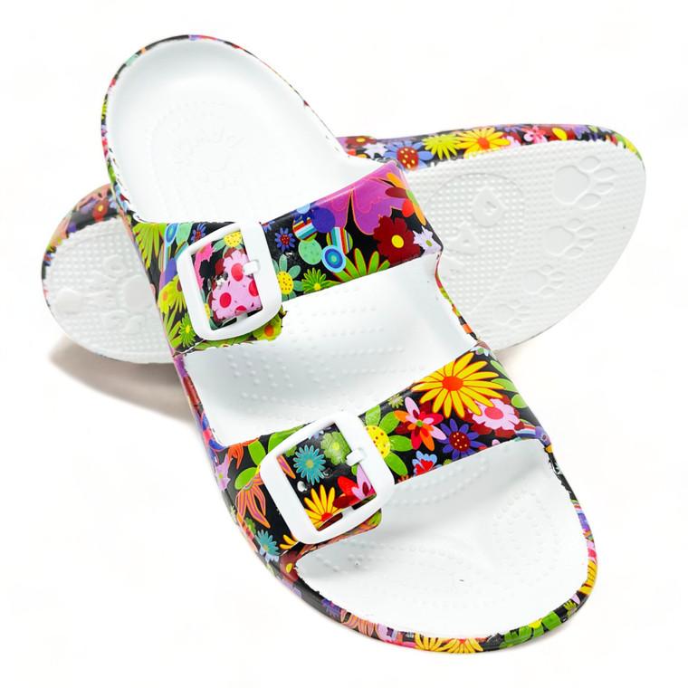 Dawgs Women's PAW Print Adjustable 2-Strap Sandals - Flower Child