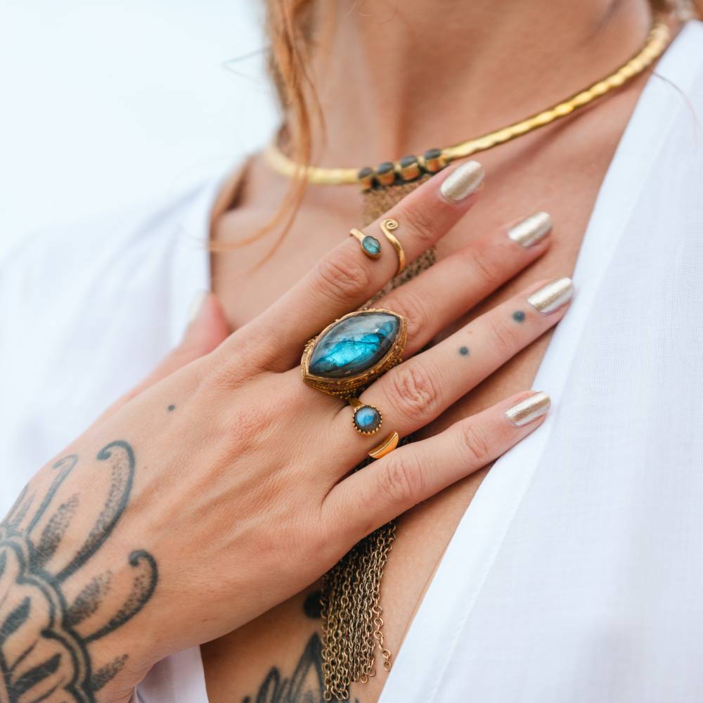 daya Aryia Labradorite Ring Pure Brass