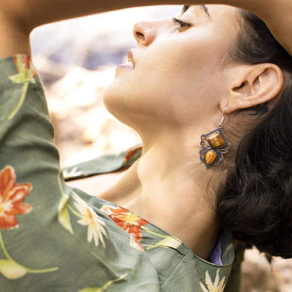 Daya Silver Crystal Bees Earrings Tiger Eye