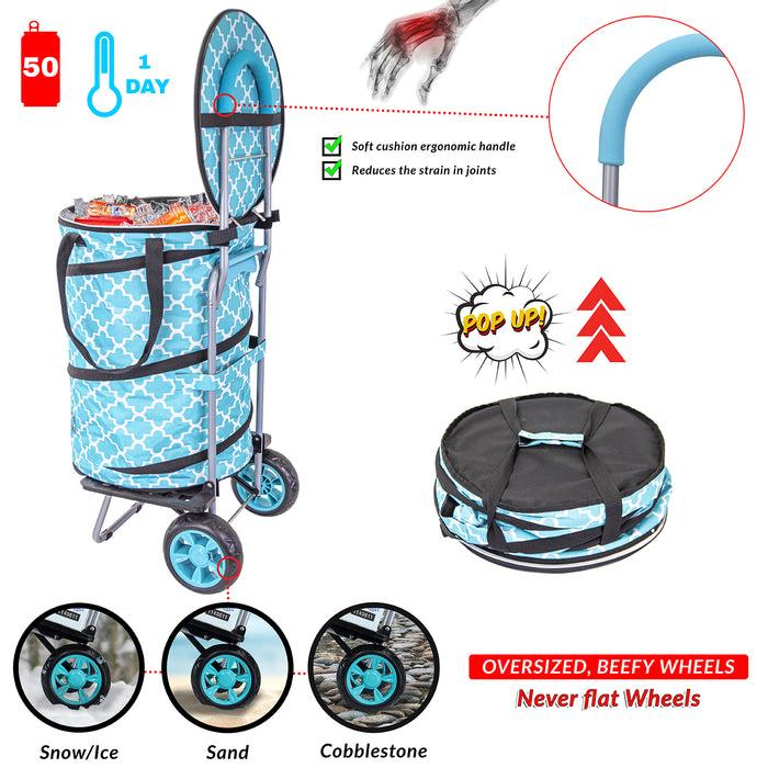 Dbest Products Dbest Products Bigger Cooler Trolley Dolly Moroccan Tile Insulated Folding Shopping Cart With Removable Bag Rolling Beach Tote Cooler With Wheels Pop Up Golf