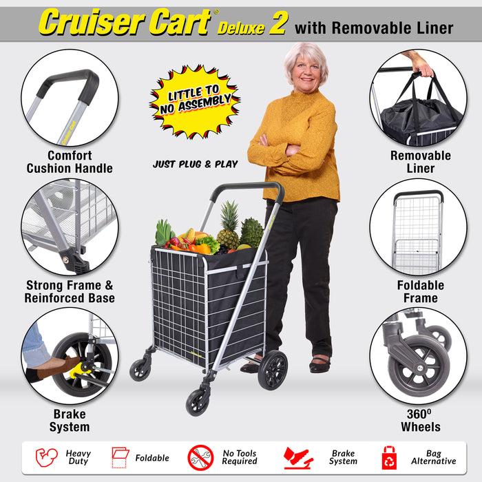 Dbest Products Dbest Products Cruiser Cart Deluxe 2 With Liner Bag Bundle Shopping Grocery Rolling Folding Laundry Basket On Wheels Foldable Utility Trolley Compact Lightweight Collapsible