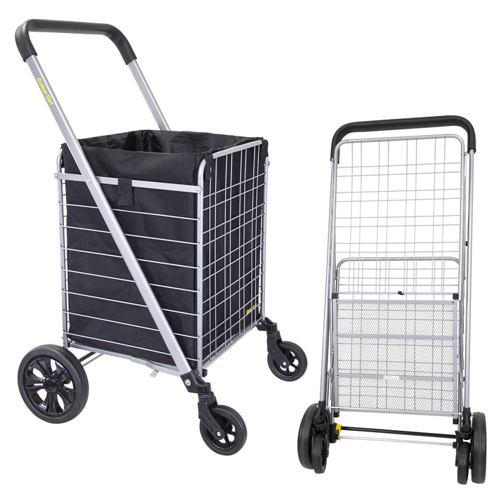 dbest products dbest products Cruiser Cart Deluxe 2 with Liner Bag Bundle Shopping Grocery Rolling Folding Laundry Basket on Wheels Foldable Utility Trolley Compact Lightweight Collapsible