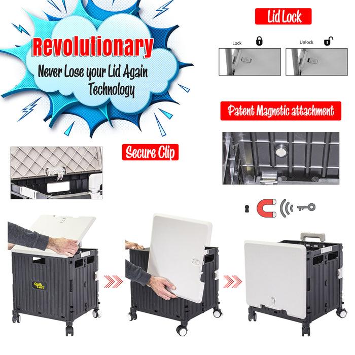 Dbest Products Dbest Products Quik Cart Swing Lid Four Swivel Wheeled Rolling Crate Teacher Utility With Seat Heavy Duty Collapsible Basket With Dual Telescopic Wagon Handle Black