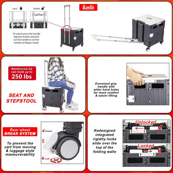 Dbest Products Dbest Products Quik Cart Swing Lid Four Swivel Wheeled Rolling Crate Teacher Utility With Seat Heavy Duty Collapsible Basket With Dual Telescopic Wagon Handle Black