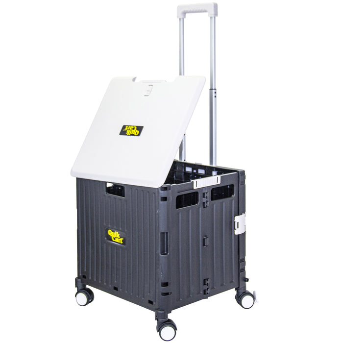 dbest products dbest products Quik Cart Swing Lid Four Swivel Wheeled Rolling Crate Teacher Utility with seat Heavy Duty Collapsible Basket with Dual Telescopic Wagon Handle Black