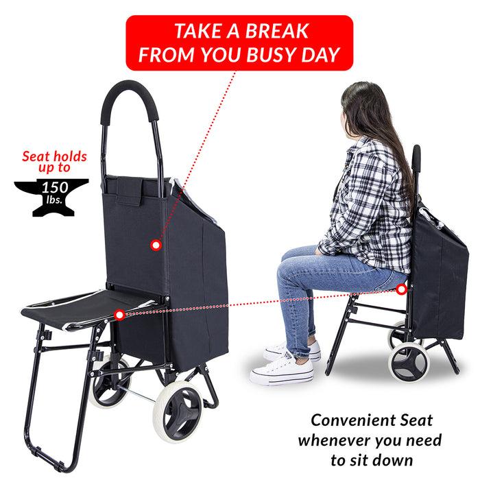 Dbest Products Dbest Products Trolley Dolly With Seat Sport Black Shopping Grocery Foldable Cart Tailgate