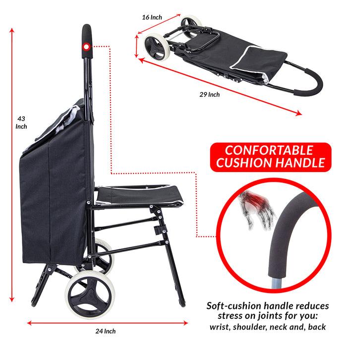 Dbest Products Dbest Products Trolley Dolly With Seat Sport Black Shopping Grocery Foldable Cart Tailgate