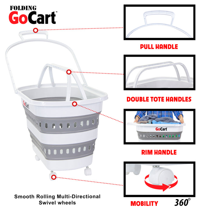 Dbest Products Folding GoCart Collapsible Laundry Basket On Wheels Grocery Cart Shopping Foldable Pop Up Plastic Hamper Tote Handles Cesto Para Ropa Sucia