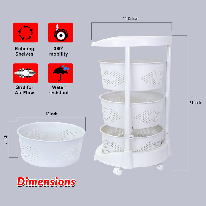Dbest Products Octopus 360 3 Tier Rolling Cart Kitchen Organization Plastic Rotating Fruit Basket Teacher Classroom Supplies Organizer Makeup Storage Hair Salon Trolley Swivel Lockable Wheels Bar