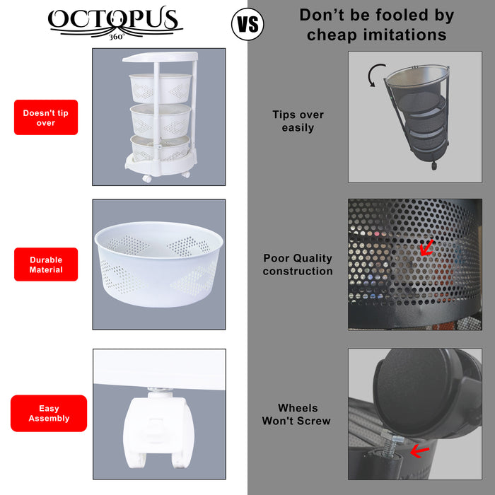 Dbest Products Octopus 360 3 Tier Rolling Cart Kitchen Organization Plastic Rotating Fruit Basket Teacher Classroom Supplies Organizer Makeup Storage Hair Salon Trolley Swivel Lockable Wheels Bar