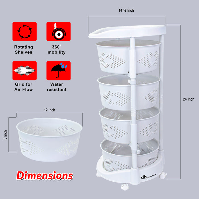 Dbest Products Octopus 360 4 Tier Rolling Cart Kitchen Organization Plastic Rotating Fruit Basket Teacher Classroom Supplies Organizer Makeup Storage Hair Salon Trolley Swivel Lockable Wheels Bar