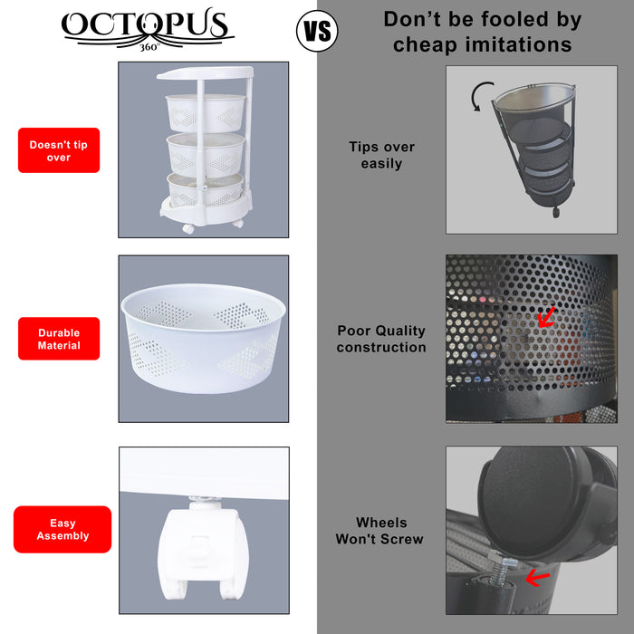 Dbest Products Octopus 360 4 Tier Rolling Cart Kitchen Organization Plastic Rotating Fruit Basket Teacher Classroom Supplies Organizer Makeup Storage Hair Salon Trolley Swivel Lockable Wheels Bar