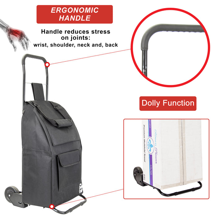 Dbest Products Trolley Dolly Compact Black Foldable Shopping Cart For Groceries With Wheels And Removable Bag And Rolling Personal Tote Handtruck