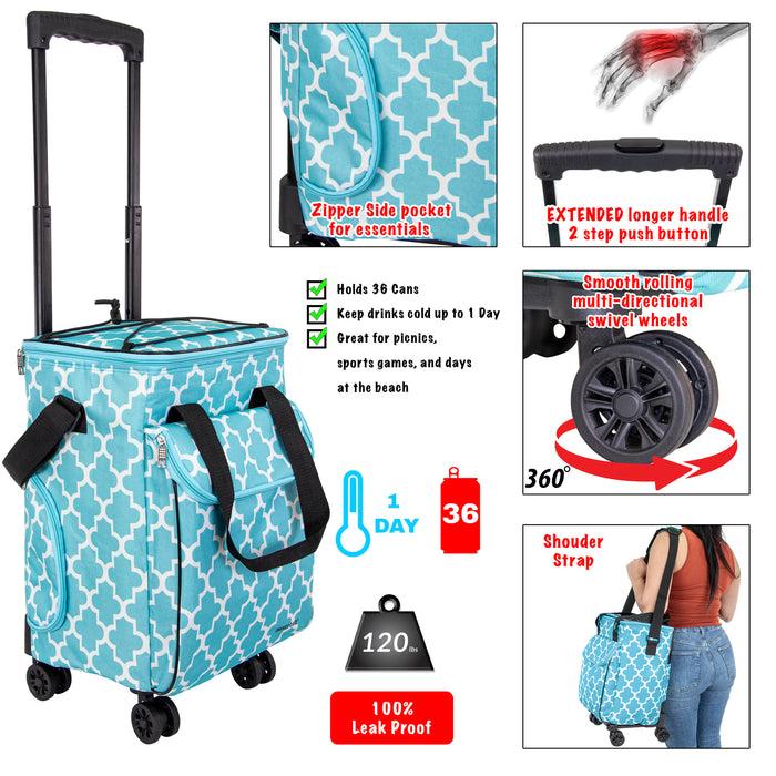 Dbest Products Ultra Compact Cooler Smart Cart 360 Insulated Collapsible Rolling Tailgate BBQ Beach Moroccan Tile