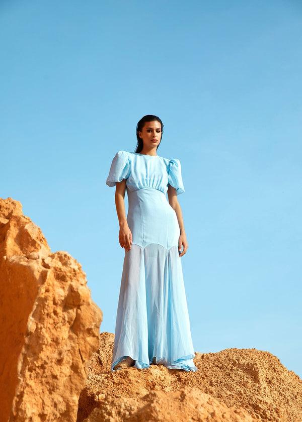 De La Vali AGUA MAXI DRESS IN LIGHT BLUE CRINKLE CHIFFON