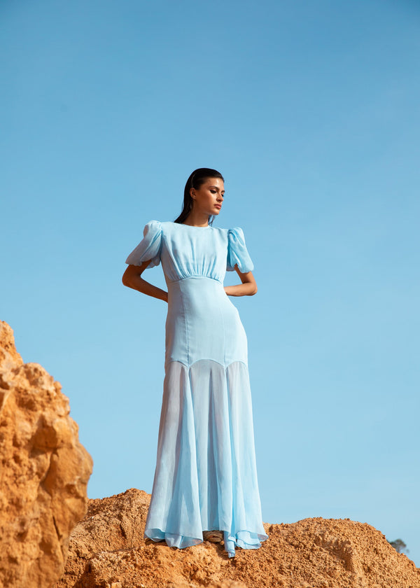De La Vali AGUA MAXI DRESS IN LIGHT BLUE CRINKLE CHIFFON