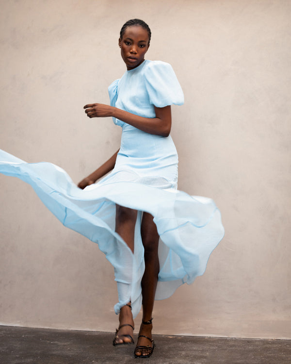 De La Vali AGUA MAXI DRESS IN LIGHT BLUE CRINKLE CHIFFON