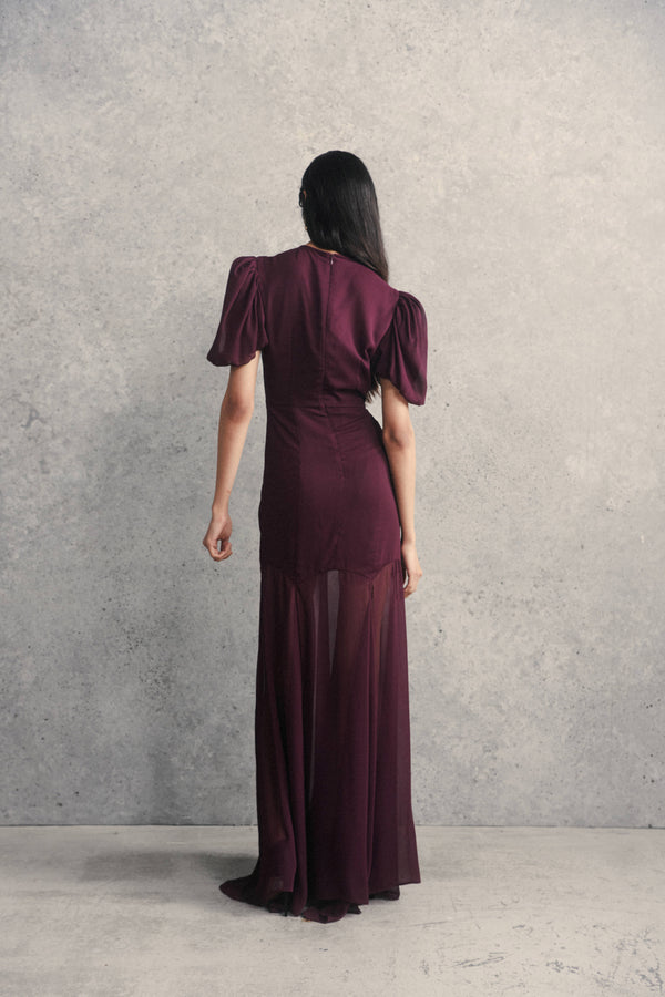 De La Vali AGUA MAXI DRESS IN MAROON CRINKLE CHIFFON