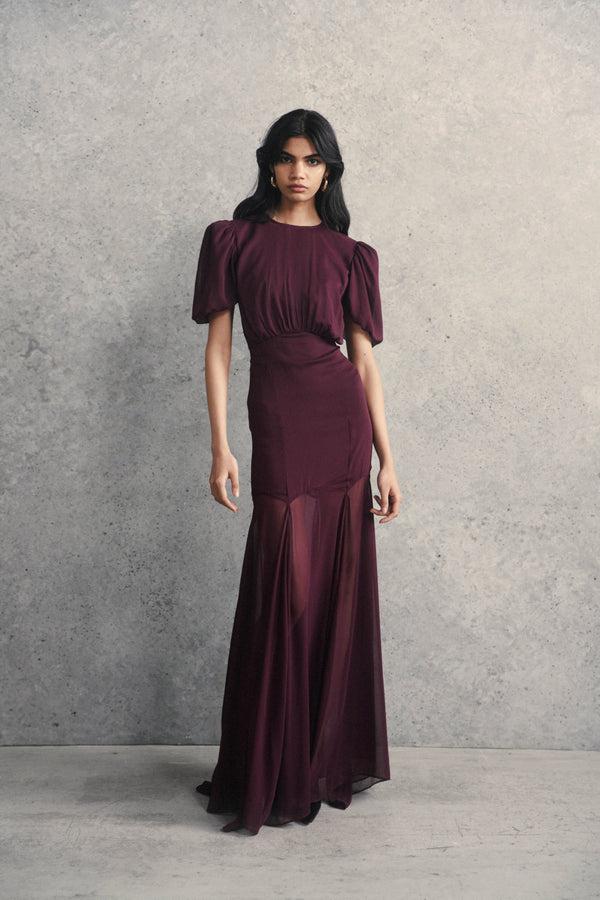 de la vali AGUA MAXI DRESS IN MAROON CRINKLE CHIFFON