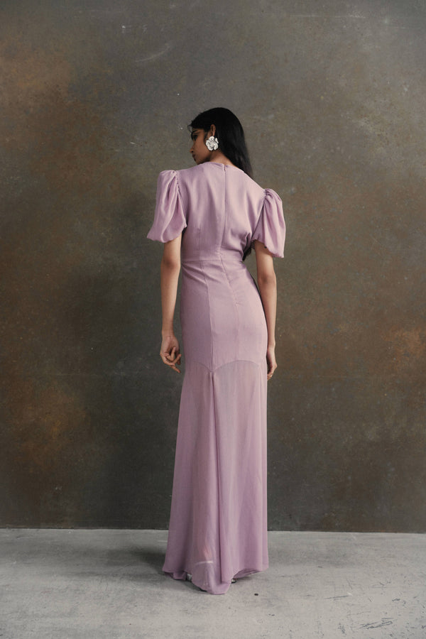 De La Vali AGUA MAXI DRESS IN MAUVE CRINKLE CHIFFON