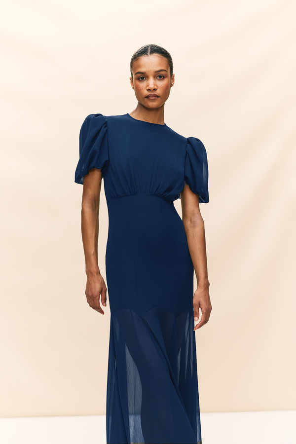 De La Vali AGUA MAXI DRESS IN MIDNIGHT BLUE CRINKLE CHIFFON