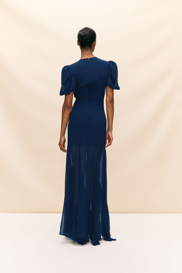 De La Vali AGUA MAXI DRESS IN MIDNIGHT BLUE CRINKLE CHIFFON
