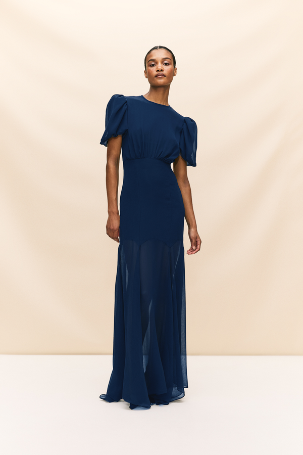 de la vali AGUA MAXI DRESS IN MIDNIGHT BLUE CRINKLE CHIFFON