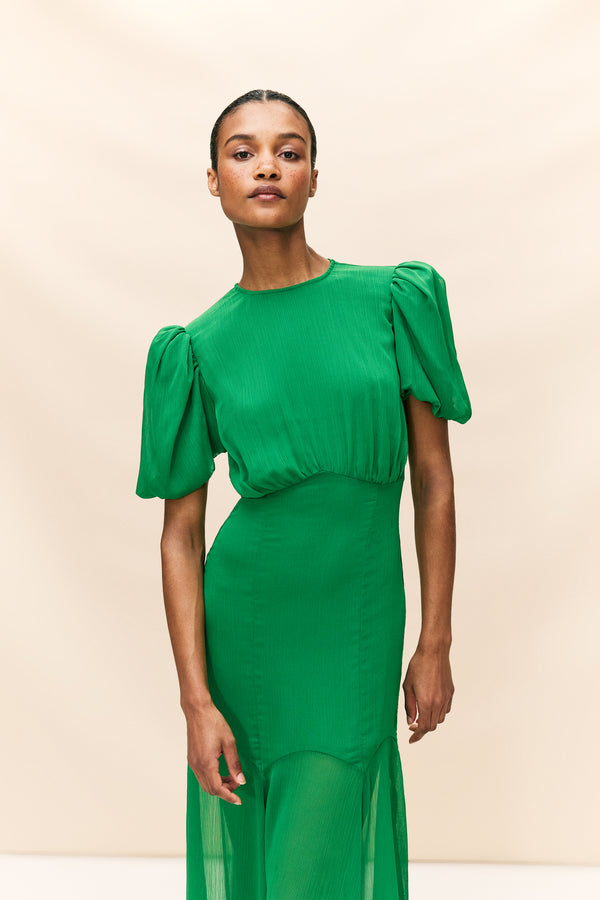 De La Vali AGUA MAXI DRESS IN PALM GREEN CRINKLE CHIFFON