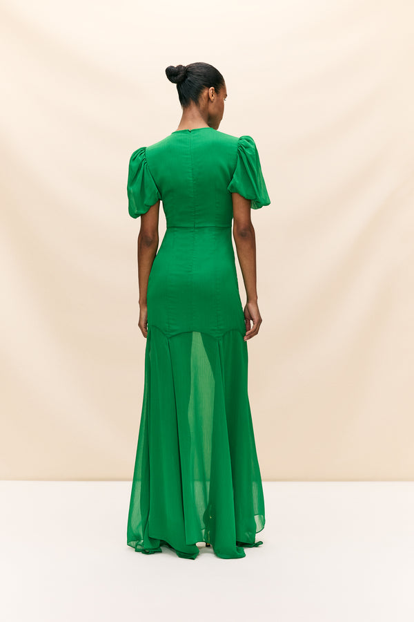 De La Vali AGUA MAXI DRESS IN PALM GREEN CRINKLE CHIFFON