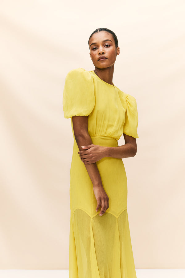 De La Vali AGUA MAXI DRESS IN YELLOW CRINKLE CHIFFON