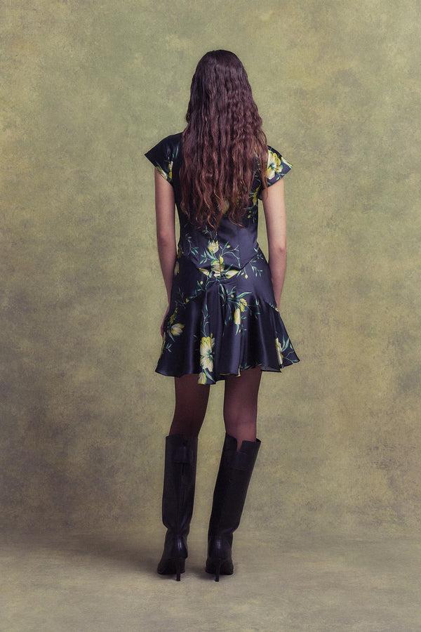 De La Vali ALIZEE MINI DRESS IN PRIMAVERA - BLACK SILK SATIN