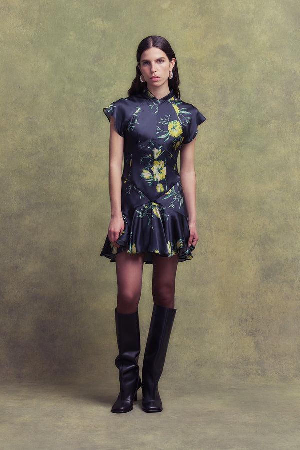 de la vali ALIZEE MINI DRESS IN PRIMAVERA - BLACK SILK SATIN