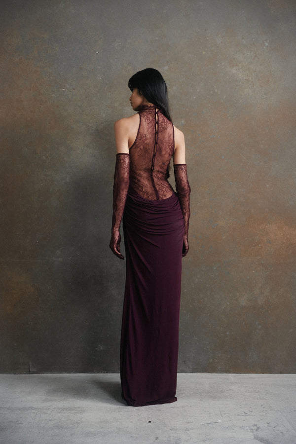 De La Vali AMARYLLIS MAXI DRESS IN MAROON JERSEY & LACE