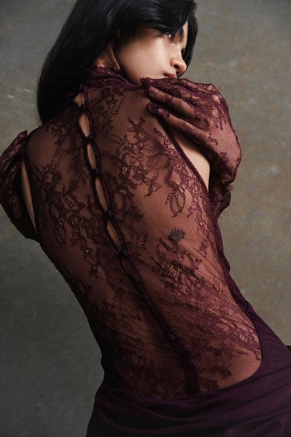 De La Vali AMARYLLIS MAXI DRESS IN MAROON JERSEY & LACE