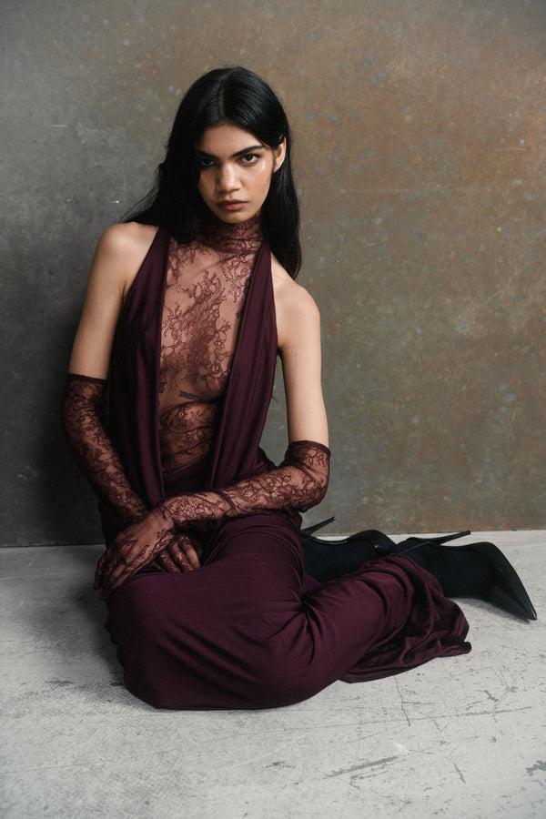 De La Vali AMARYLLIS MAXI DRESS IN MAROON JERSEY & LACE