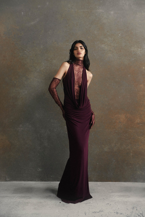 de la vali AMARYLLIS MAXI DRESS IN MAROON JERSEY & LACE