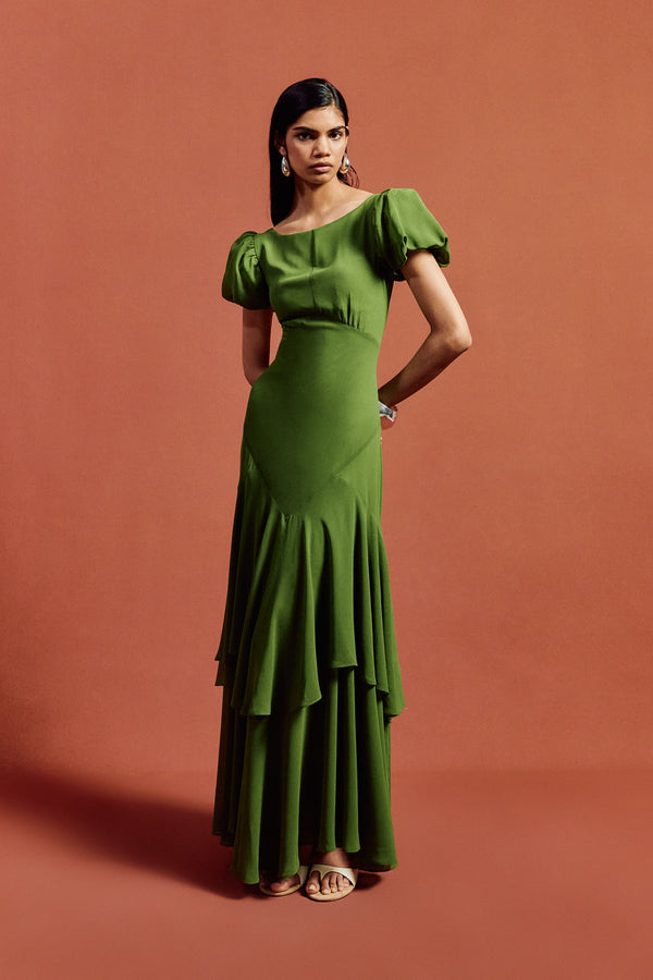 De La Vali ANETTA MAXI DRESS IN FOREST GREEN CHIFFON