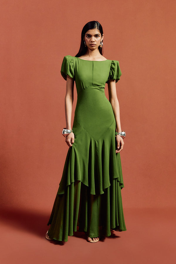 De La Vali ANETTA MAXI DRESS IN FOREST GREEN CHIFFON
