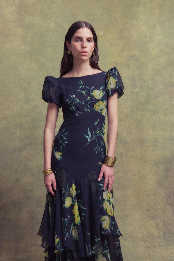 De La Vali ANETTA MIDI DRESS IN PRIMAVERA - BLACK CHIFFON