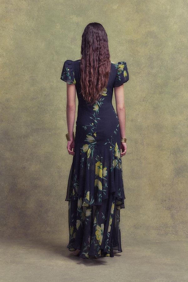 De La Vali ANETTA MIDI DRESS IN PRIMAVERA - BLACK CHIFFON