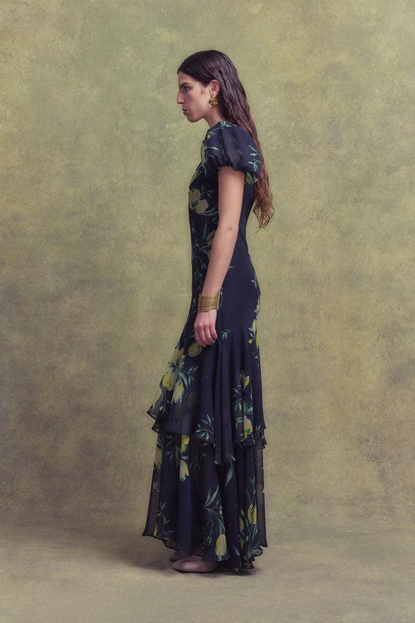 De La Vali ANETTA MIDI DRESS IN PRIMAVERA - BLACK CHIFFON